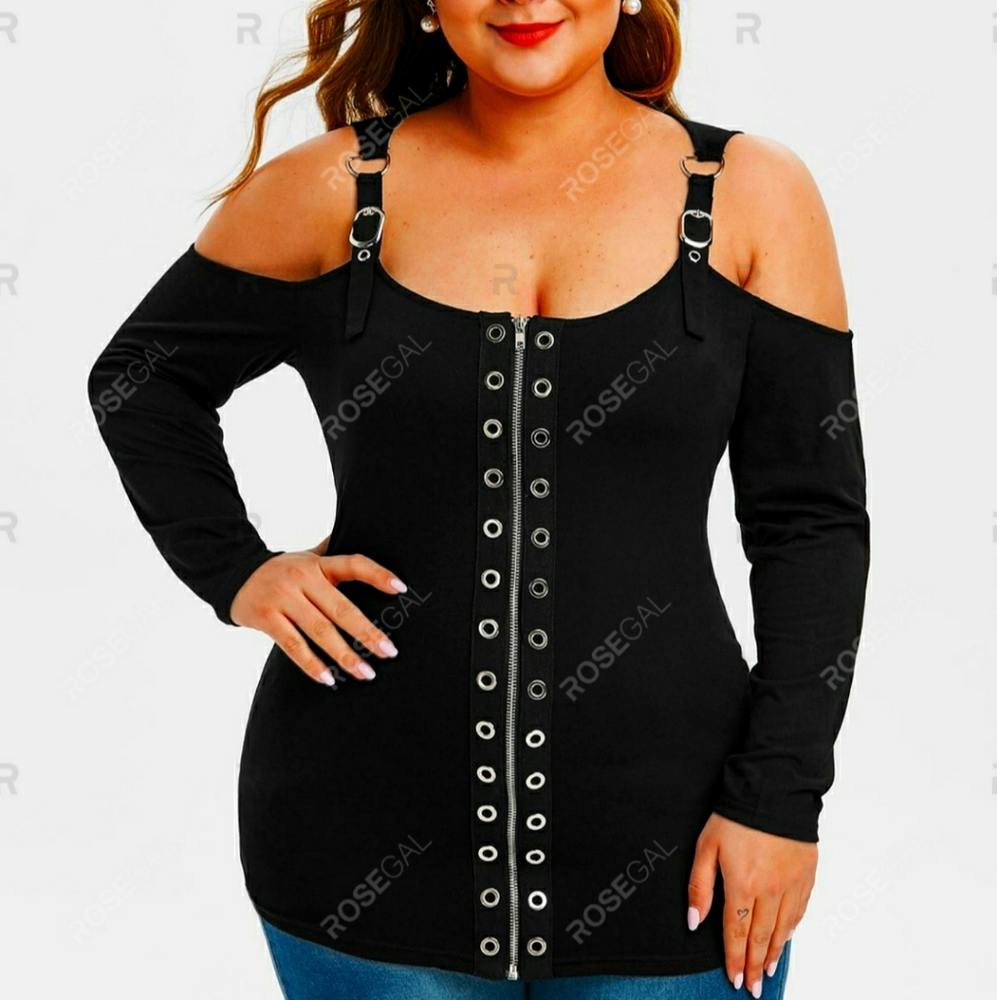 Black U neck cold shoulder rings T-shirt